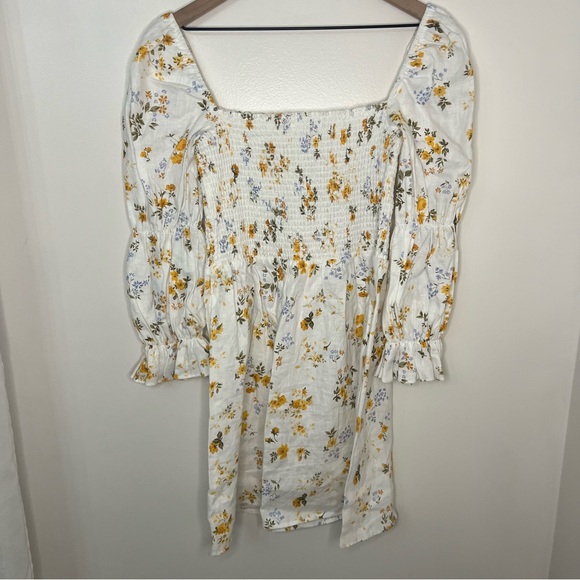 Reformation White Dress Size Large Floral Mini Dress Smocked Top 100% Linen - Picture 5 of 6
